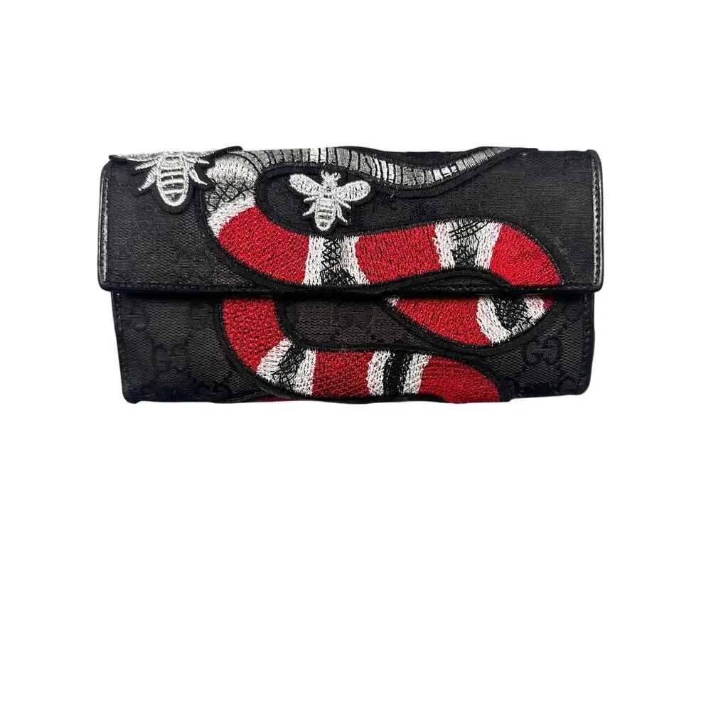 Gucci GG Monogram Canvas Leather Trim Bifold Wallet Kingsnake Bee Continental